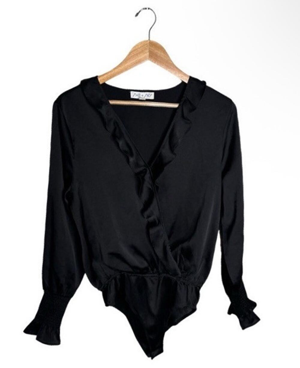 She&Sky Bodysuit Faux Wrap Black Size Small Long Sleeve Ruffled Snap Gusset
